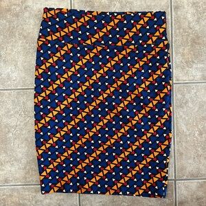 LuLaRoe Blue, Black, Red, Orange, and White Geometric Pattern Pencil Skirt Sz M